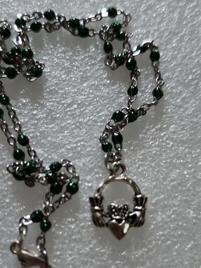 Hand Crafted Green Beaded Claddagh Necklace - Silver Accent